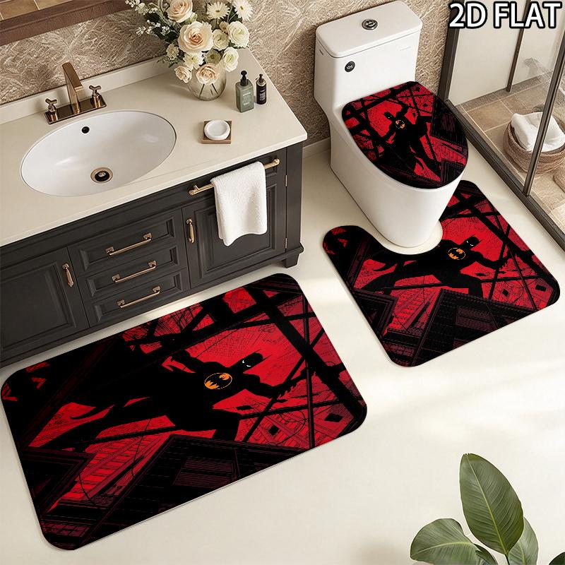 3pcs Black and Red Batman Pattern Flannel Nonslip Absorbent Washable Decorative Bathroom Home Toilet Seat Cover Mat