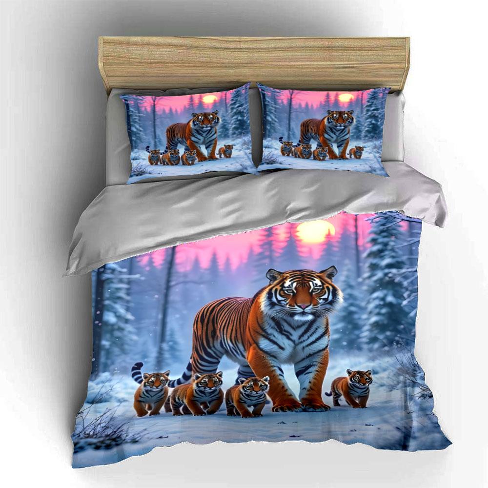 Tiger Family Winter Decor Multiple Sizes Kid'S And Adults' Bedroom Exquisite 3Pc Bedding Set, Gift