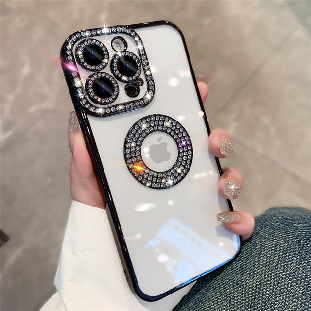 For iPhone 16 Pro Max Luxury Glitter Rhinestone Plating Frame Phone Case For iPhone 11 12 13 14 15 16 Plus Diamond Lens Cover