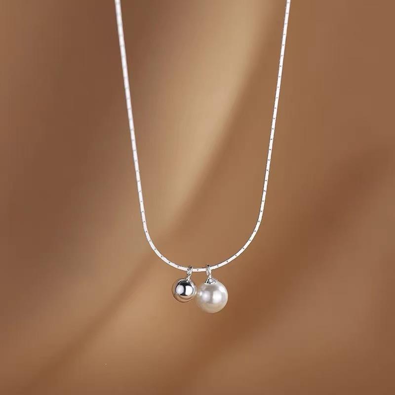 925 Sterling Silver-Plated Pearl Ball Necklace for Women - High-End Clavicle Chain, 2025 New Style