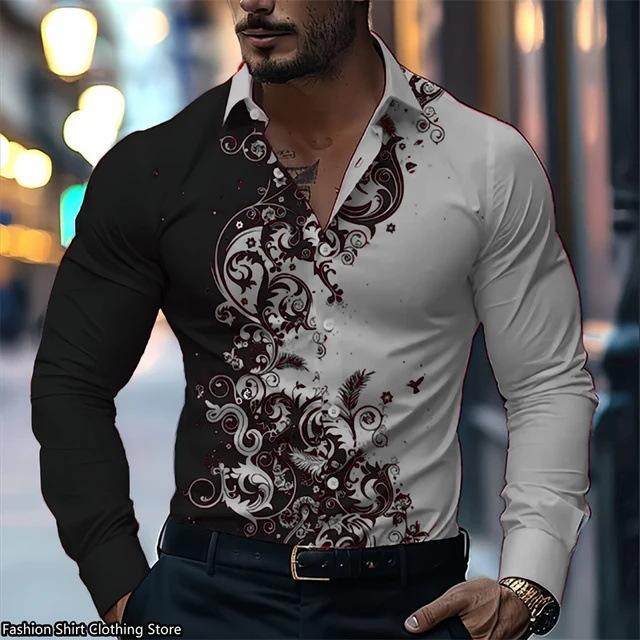 Men S Long Sleeve Button Down Colour Block 3d Printed Casual Shirt