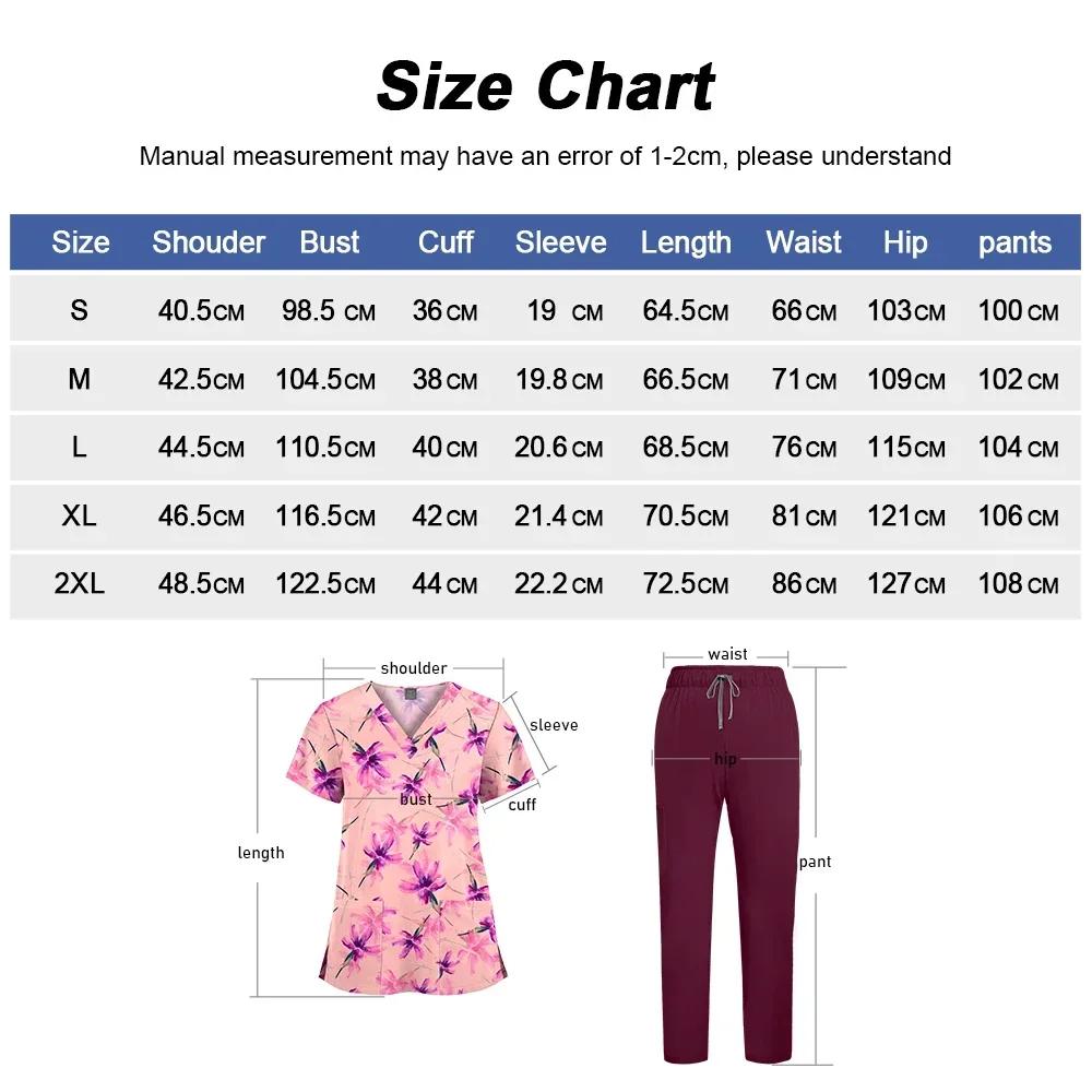Printed Scrub Uniform Set V Neck Short Sleeves Pockets Top Medical Soft Scrub Pants Sets Nurse Surgical Uniforms Woman