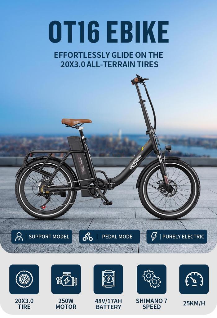 OneSport OT16-2 Folding Electric Bike 20*3.0 Tires 250W Motor 48V17Ah Battery 25km/h Speed 120KM Max Range City Commute Ebike