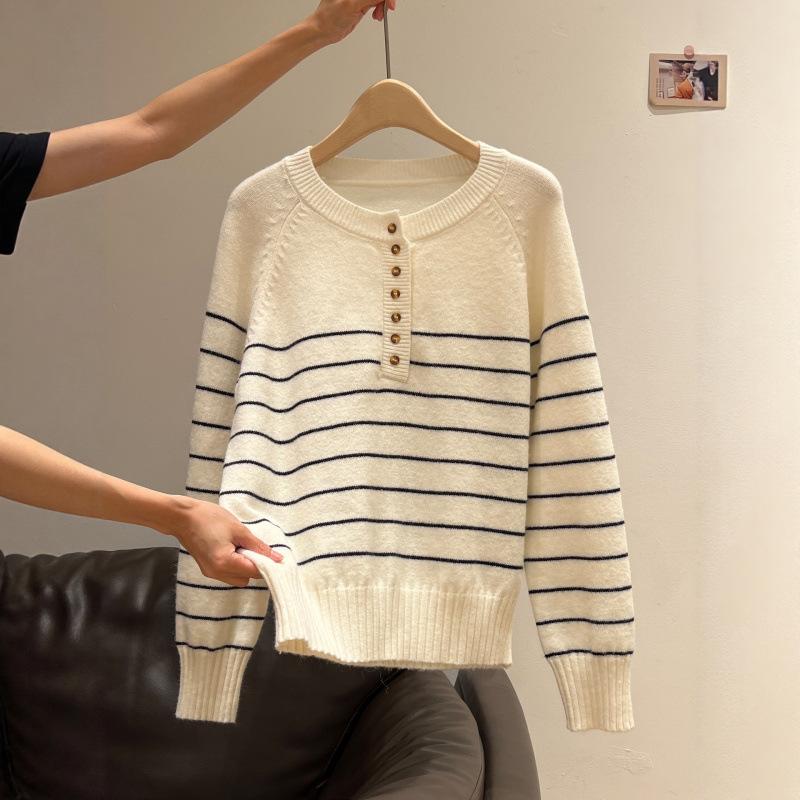 

Striped semi-open neck knitted pullover sweater jacket autumn and winter loose design long-sleeved top One size fits all