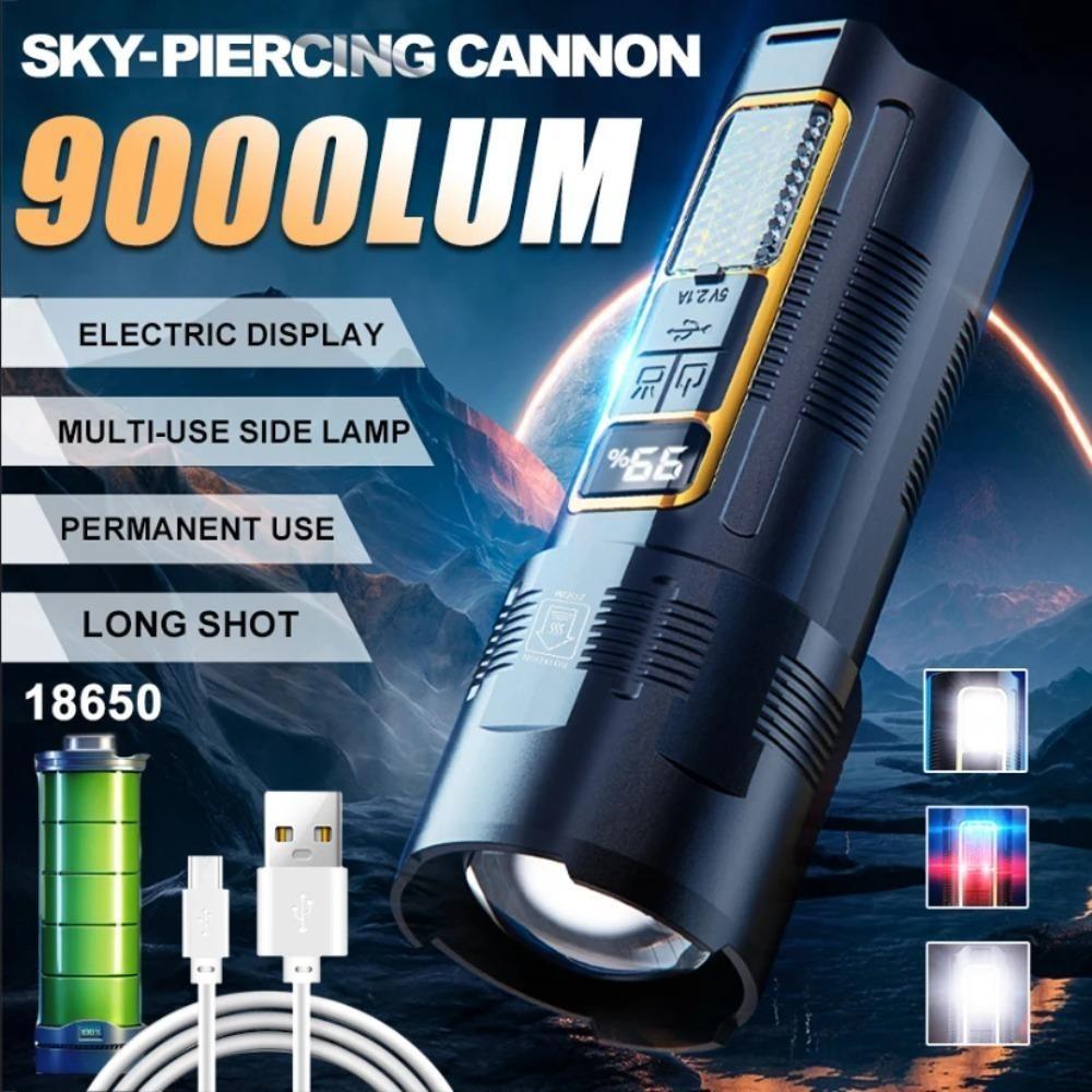 High Power 30W LED Flashlight Built-in 18650 Battery Portable Zoom LED Torch USB Rechargable Emergency Camping Power Bank