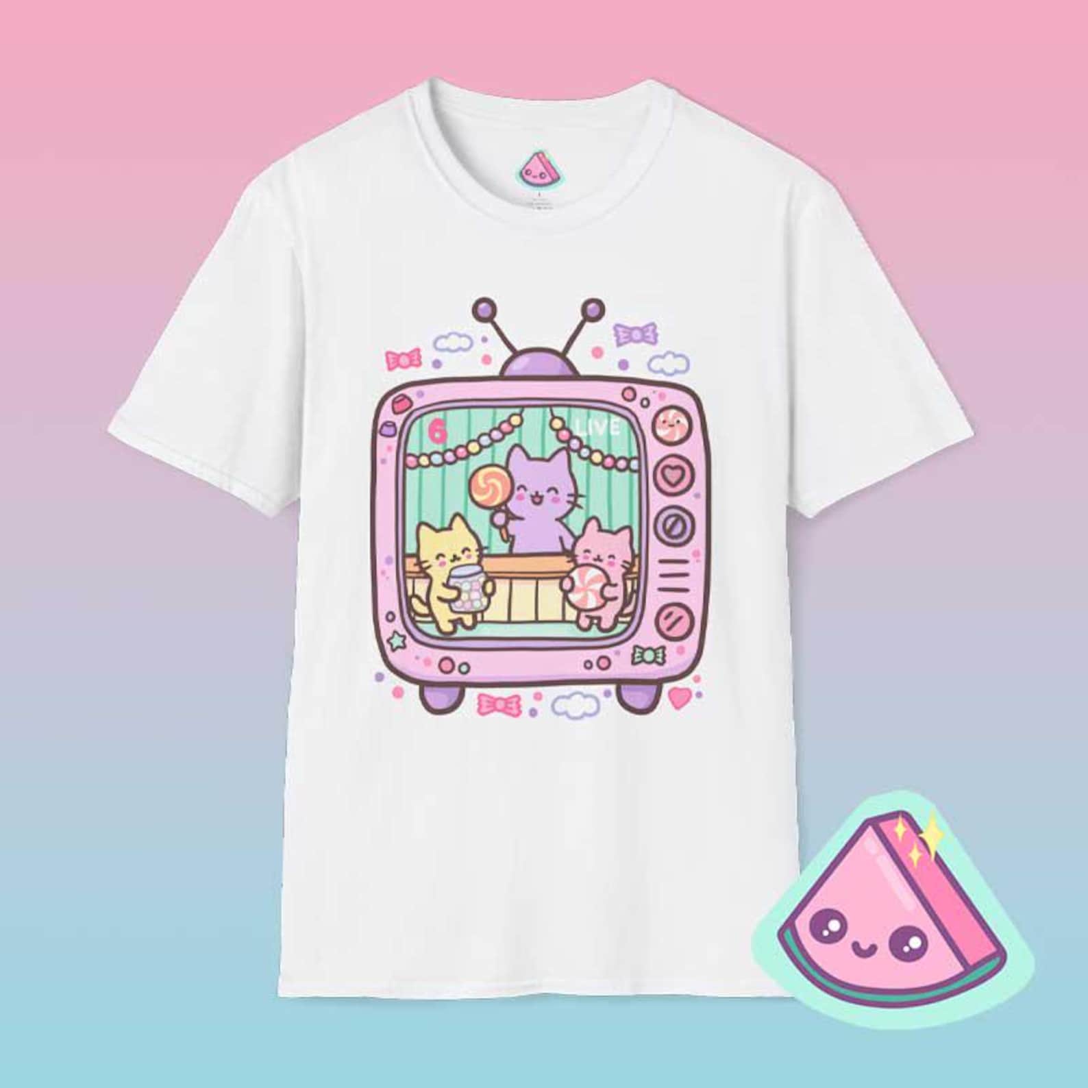 Fairy Kei Kawaii Candy Shop Tee, Yume Kawaii Retro TV Cat Shirt, Harajuku Pastel Aesthetic – Cat TV Series 4 XL