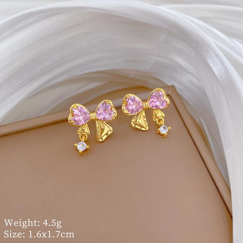 Titanium Steel Pink Zircon Bow Slightly Inlaid Zircon Amethyst Four-Leaf Flower Pendant Titanium Steel Collarbone Chain Jewelry