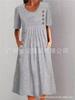 Women's Round Neck Short Sleeve Maxi Dress Straight Fit Stripe Print Button Pocket Casual Long Dress