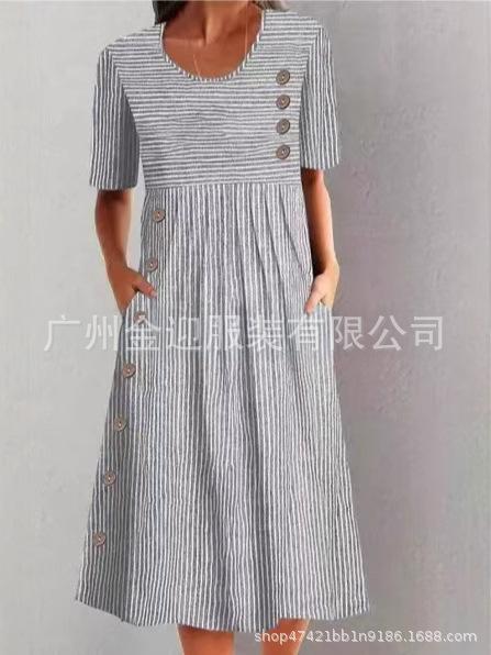 Women's Round Neck Short Sleeve Maxi Dress Straight Fit Stripe Print Button Pocket Casual Long Dress