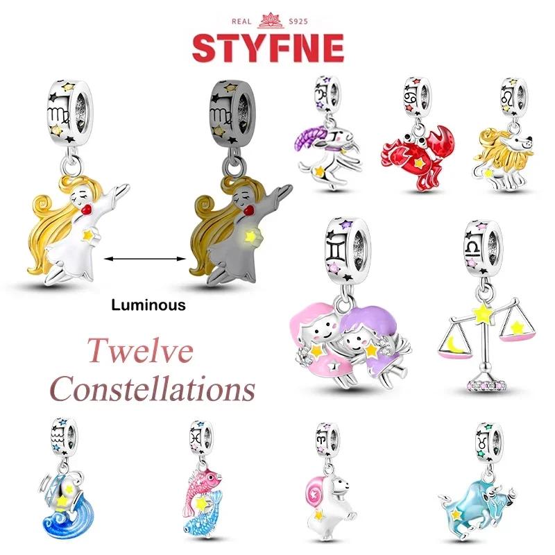 Authentic Copper Twelve Zodiac Sign Set Cartoon Taurus Gemini Star Shape Heart Pendant Bead Charms Compatible With Bracelets Diy Birthday Women Gift