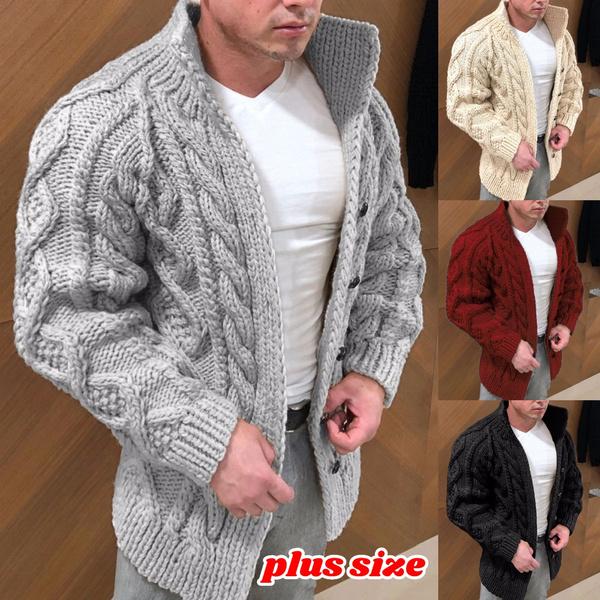 Men Winter Warm Turtleneck Cable Knit Cardigans Oversize Loose Long