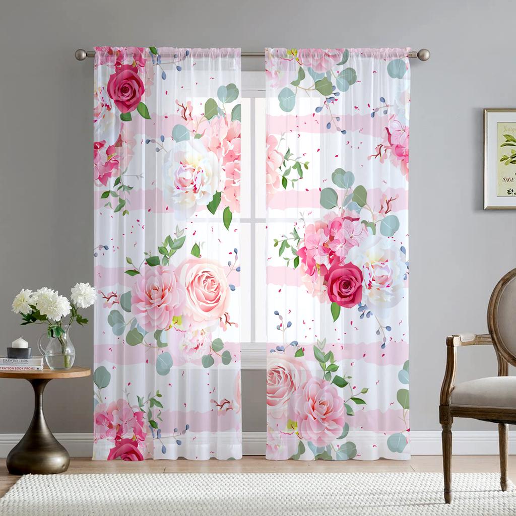 Romantyczna Różana Kwiatowa Żółte Kwiaty Przezroczysta Woalowa Zasłona do Salonu Domowej Kuchni Zielone Liście Motyl Okienna Tiulowa Zasłona