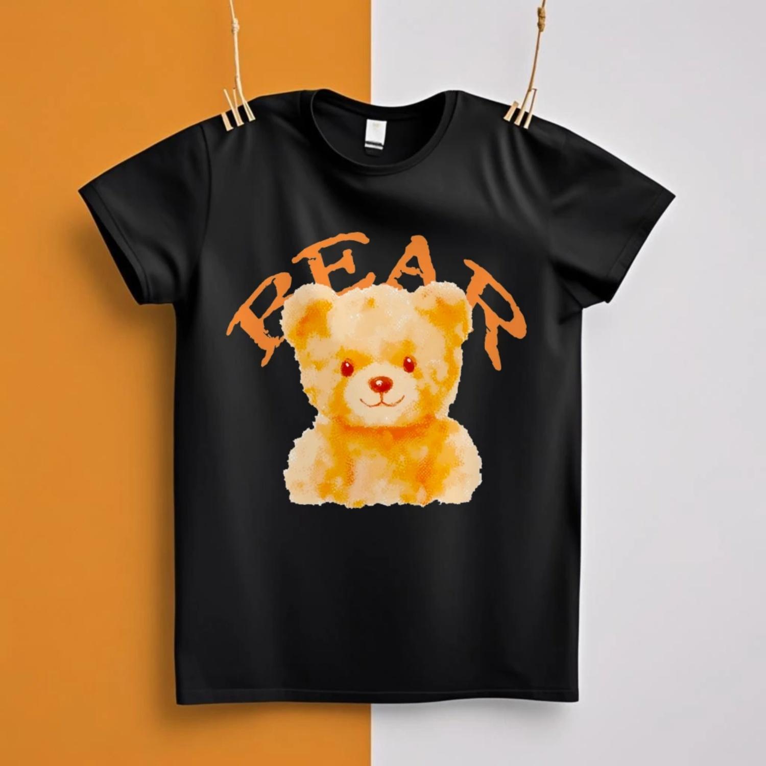 

Графическая женская футболка Streetwear ЛетоВесна Милый принт с медведем Чистый Модный 2025 Быстрая доставка S чёрный