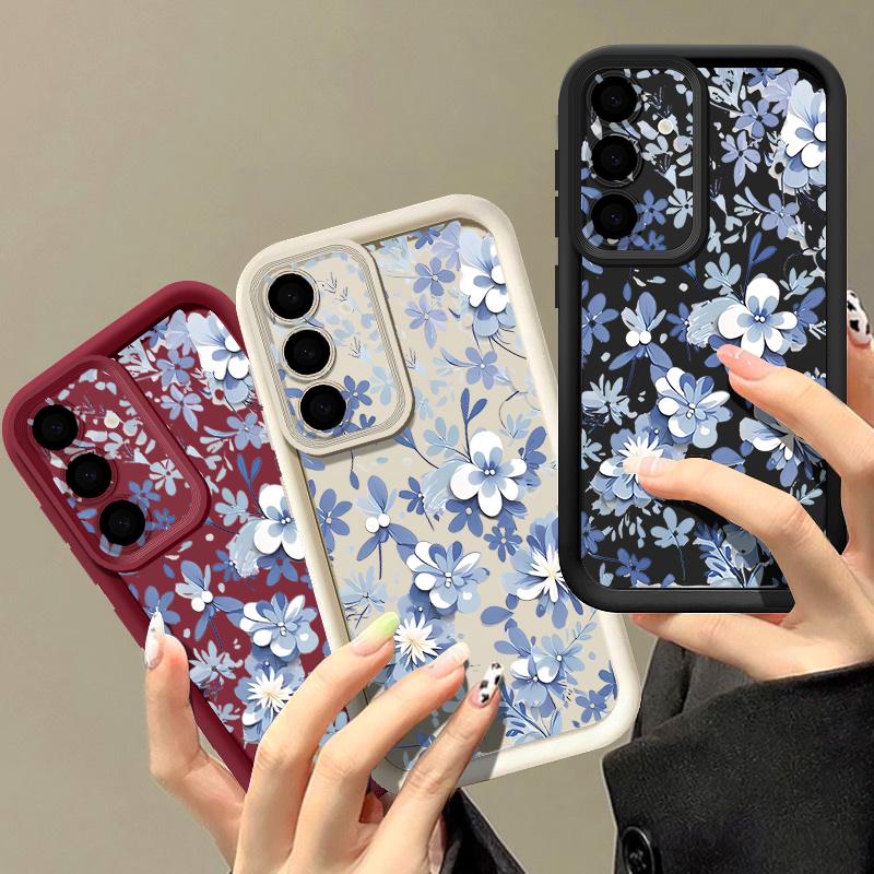 Blue and White Flowers Case For Samsung Galaxy A57 A37 A17 A56 A36 A26 A16 5G A55 A35 A15 A54 S21 FE S22 S23 S24 Plus S25 Edge S26 Ultra Cover