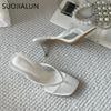 Fashion SUOJIALUN 2025 Summer New Women Slipper Fashion Narrow Band Women Slides Thin High Heel Outdoor Dress Gladiator Sandal Pumps Sho