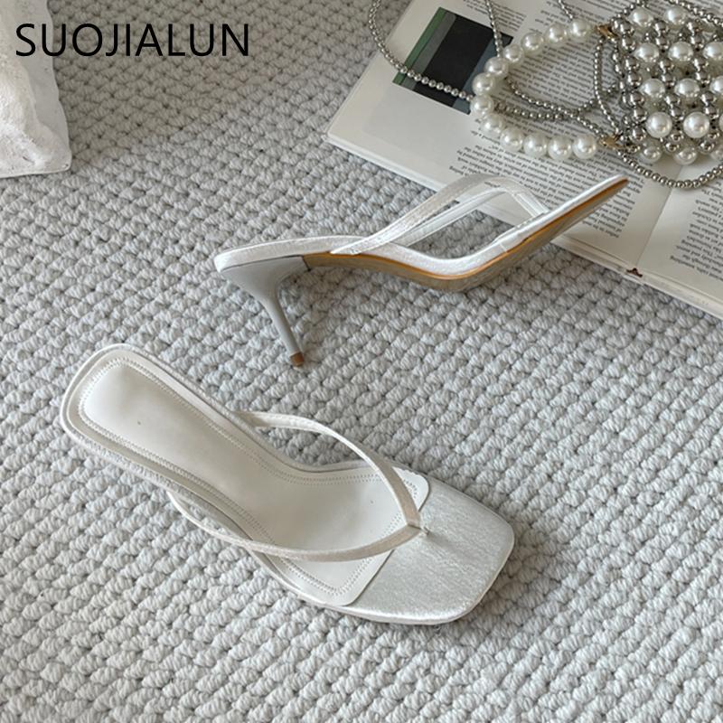Fashion SUOJIALUN 2025 Summer New Women Slipper Fashion Narrow Band Women Slides Thin High Heel Outdoor Dress Gladiator Sandal Pumps Sho