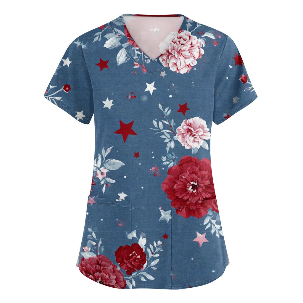 Women's Fashionable V-Neck Short-Sleeved Work Top With Pockets And Independence Day Print  Uniform