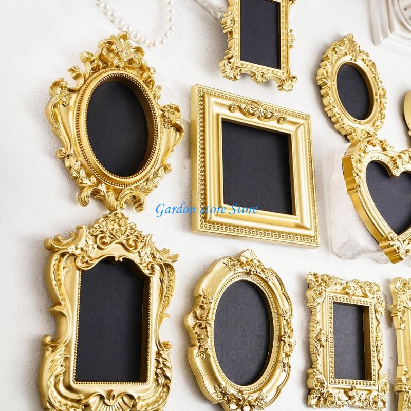 B0KB Antique Gold Small Hanging Picture Frame Resin Craft Photo Frame For Wall Display Old Fashioned Photo Gallery Art Decors