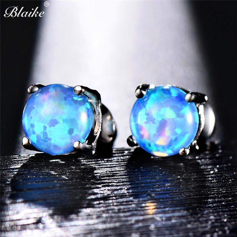 Luxury Jewelry Exquisite 6MM Round White Blue Green Fire Opal Stud Earrings For Women Silver Color Wedding Party Jewelry Gifts
