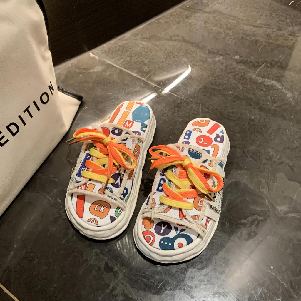 Hausschuhe Dicke Sohle Schuhe Hausschuhe Damen Mode Weich Flach Luxuriös Gummi Stoff Graffiti Kreuzriemen Hausschuh Damen