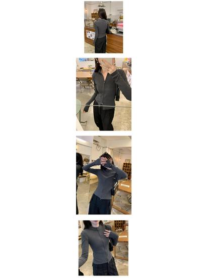 Women's Retro American-Style Knit Cardigan with Stand Collar, Double Zipper, and Long Sleeves - Slim-Fit and Stylish for Spring.