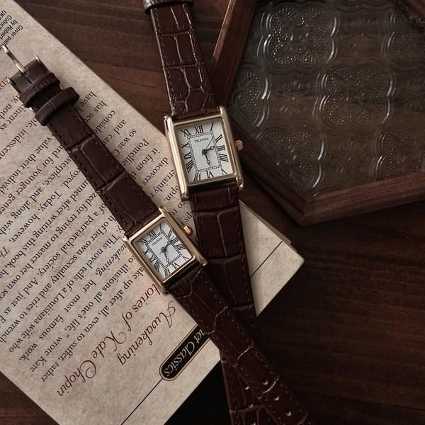 Fet Svart Brun Klassisk Dame Menn Square Square Leather Armbåndsur, Koreansk populære klokker