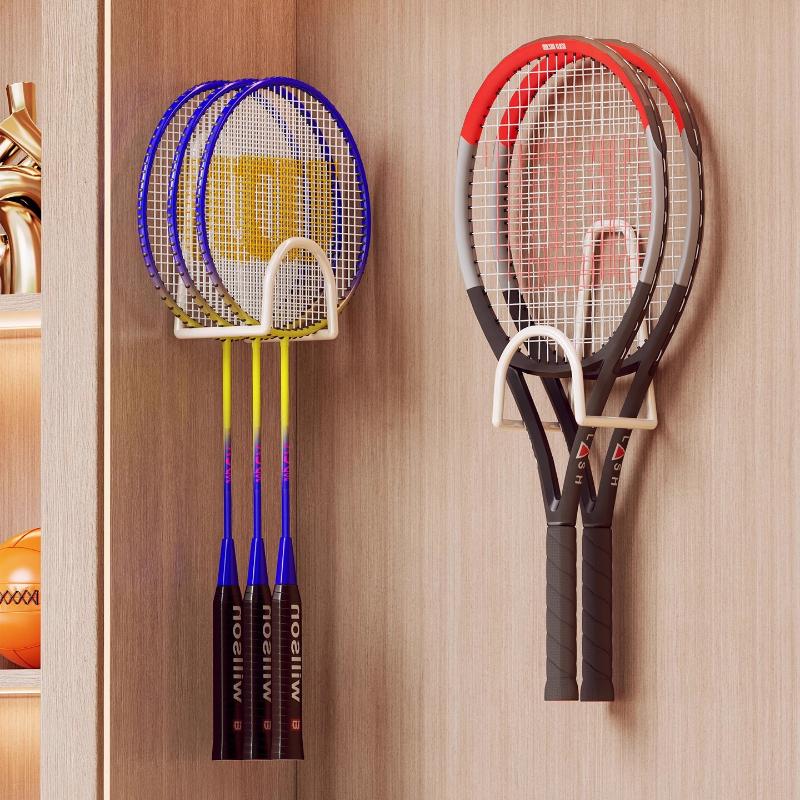 Wall Mounted Badminton Racket Holder Punch Free With Ball Hanger 3-Slots Storage Rack For Tennis Pickleball Ping Pong Paddle