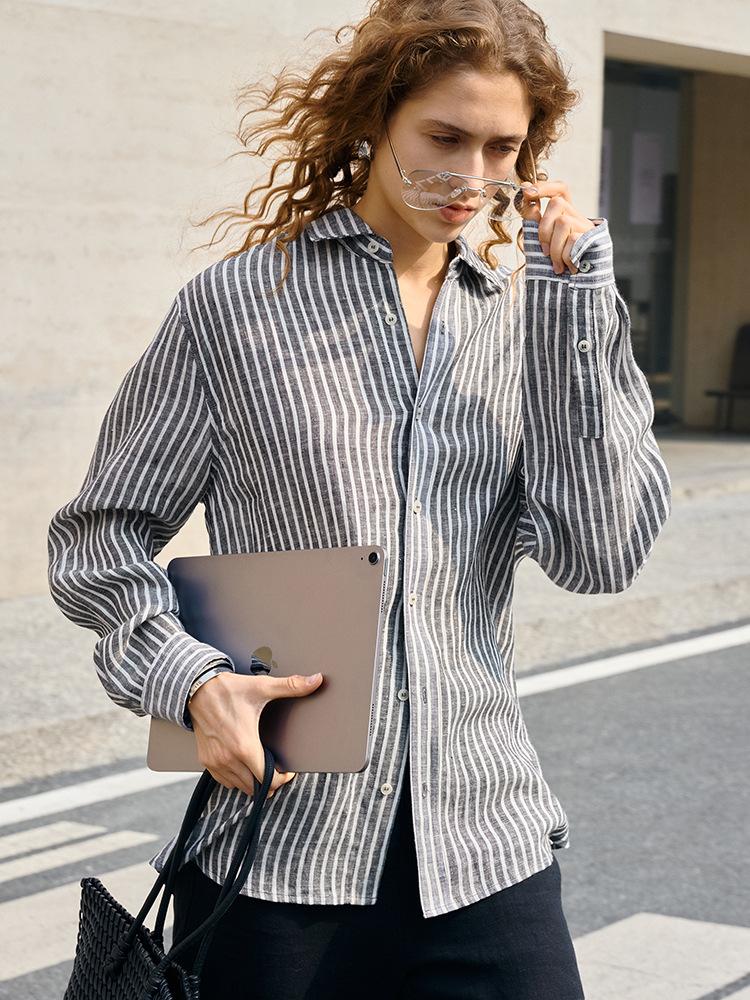 Premium% linen shirt striped long-sleeved lapel top old money style women spring and summer loose silhouette shirt