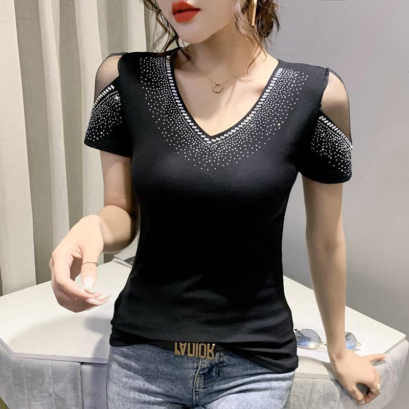 

2024 Европейская Летняя Женская Блузка с V-образным вырезом, Приталенная, с Коротким Рукавом, Стильная 2XL чёрный