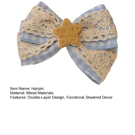 Girl Hairpin Hollow Lace Double-Layer Design Blue Plaid Wooden Star Decoration Hair Clip College Style Hair Accessory