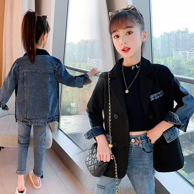 Girls' Patchwork Black Denim Jacket, Single-Breasted, Spring/Autumn Style for Middle and Large Elementary School Students (2024)