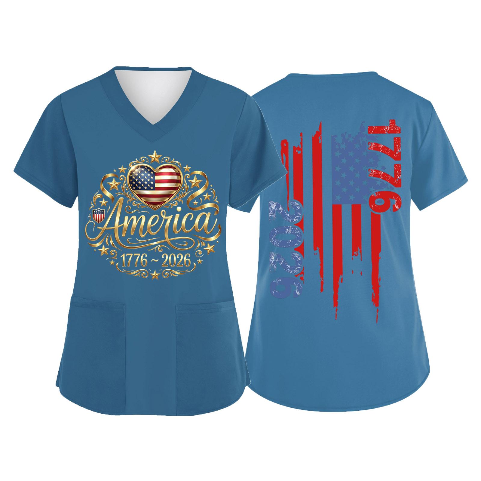 Short Sleeve V Neck Printed Top with Patriotic Heart and Flag Graphic 1776 2026 Lettering for Women Men Unisex Work Uniform L