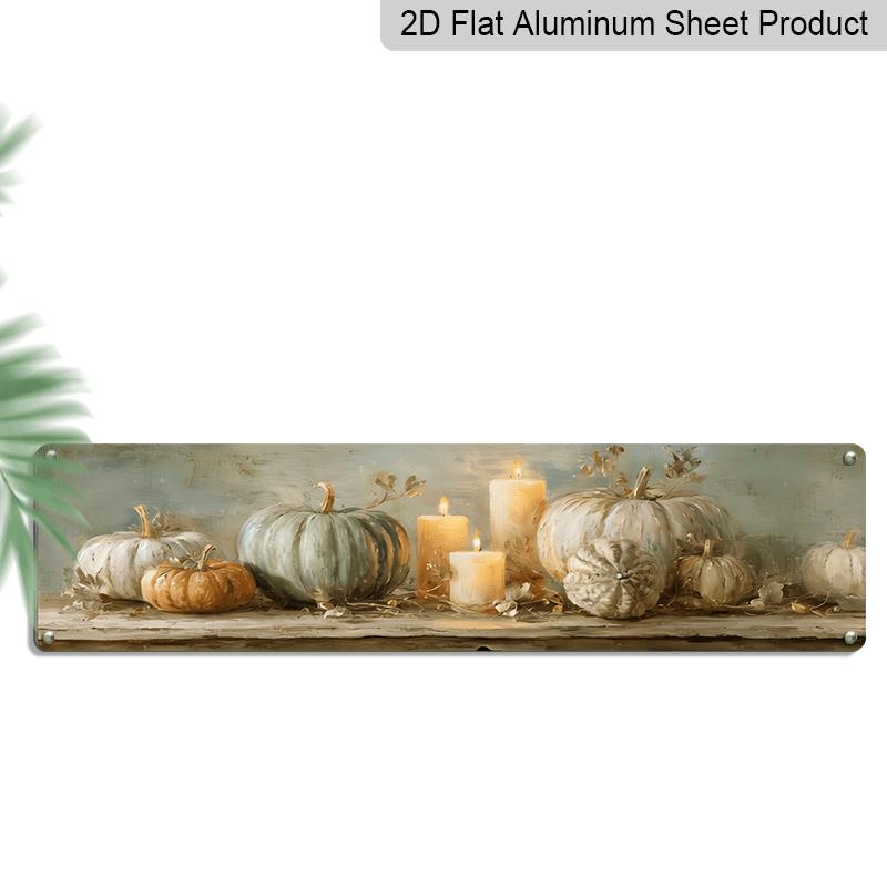 

2D Flat, 1pc Rustic Farmhouse Aluminium Decorative Sign - Extra Long 15.7×3.94inch Vintage Pumpkin Still Life Sign with Muted Green/Beige 40cm x 10cm