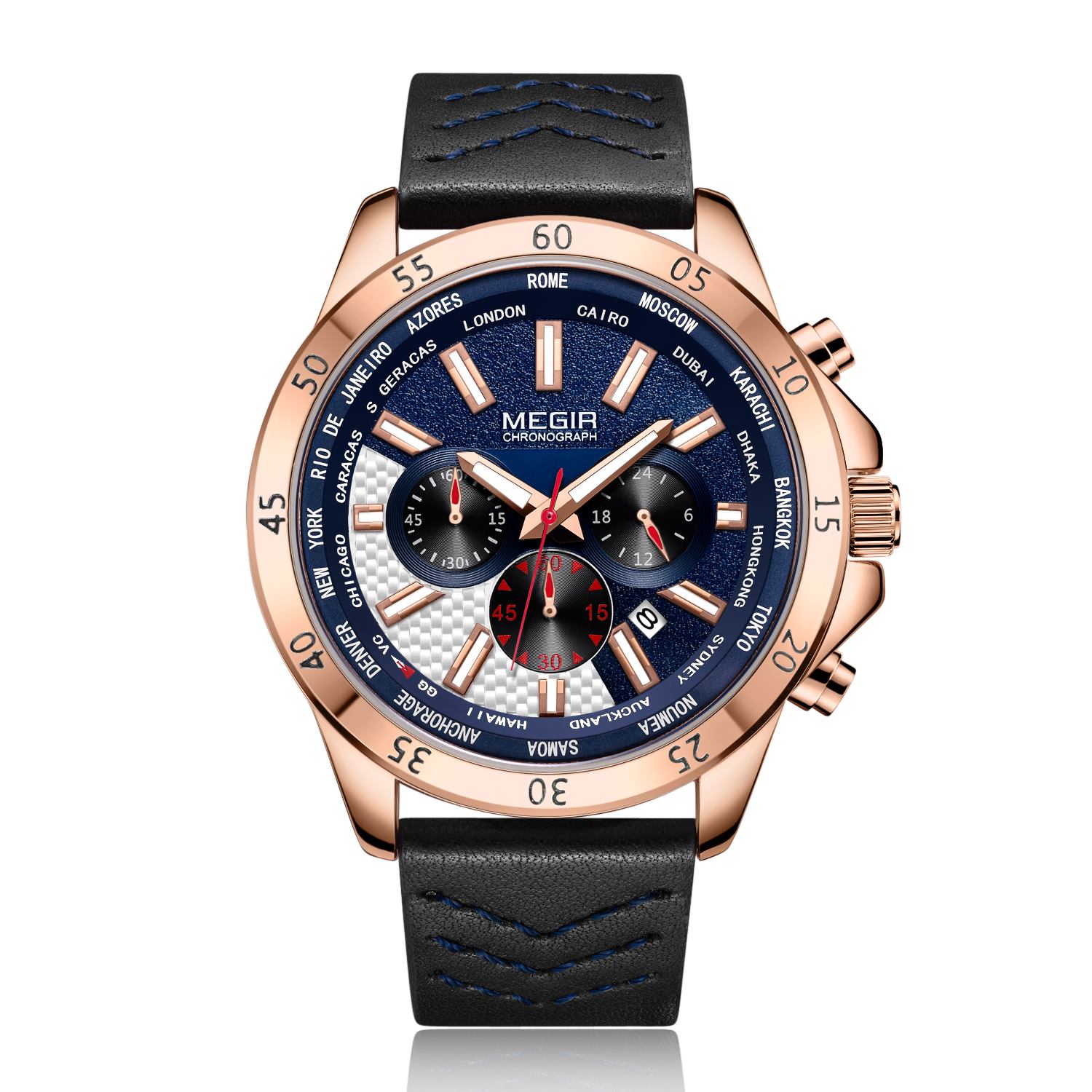 

Мужские кварцевые спортивные часы с хронографом и кожаным ремешком, водонепроницаемые, светящиеся наручные часы для мужчин Relogios Masculino синий