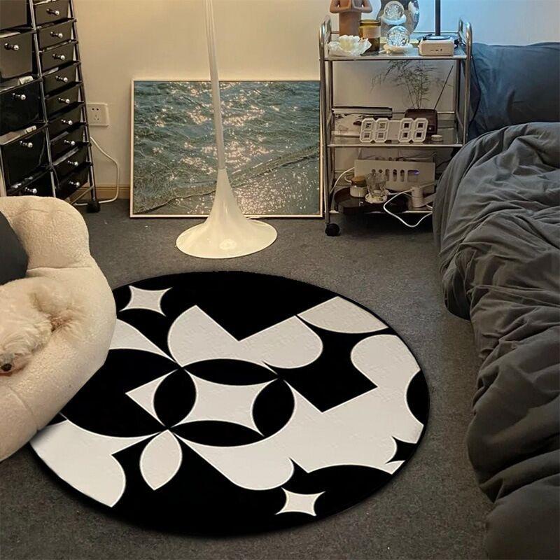

Round Household Carpet Black White Simple CD Note Pattern Cushion Bedside Rug Sofa Border Sliding Foot Pad Home Decoration 60cmx60cm