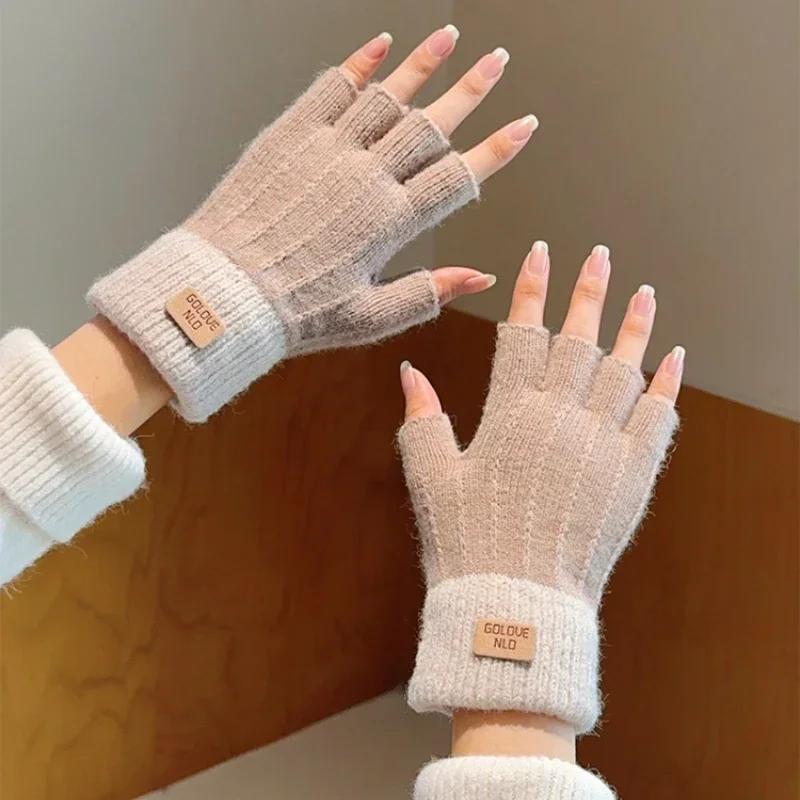 Winter Fingerless Gloves for Men Half Finger Writting Office Knitted Thick Wool Warm Label Thick Elastic Outdoor Driving Gloves