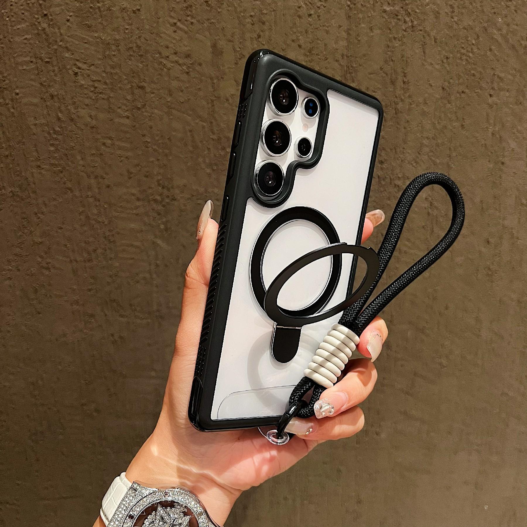 

For Samsung Galaxy S25 Ultra Magnetic Case Kickstand TPU PC Clear Phone Back Cover with Wrist Strap