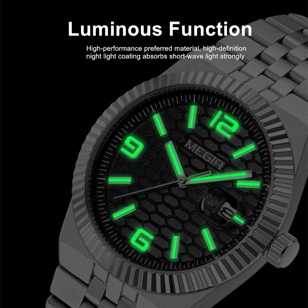 Megir Large Dial Business Leisure Watch Stainless Steel Waterproof Luminous Man Wristwatch Clock Auto Date Gift for Men Reloj Hombre 1101