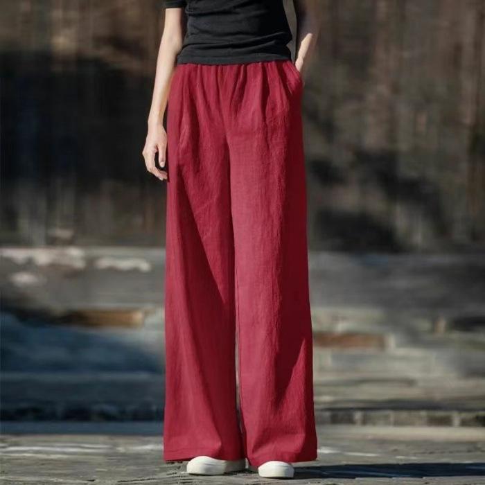 Women's High-Waist Wide-Leg Linen Pants, Plus Size, Floor-Length for Spring/Summer