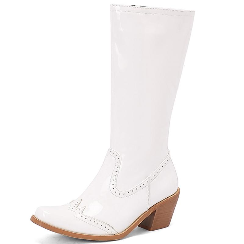 

Модные женские сапоги до колена, сексуальные зимние туфли в ковбойском стиле, черные, белые, розовые, на каблуке, длинные, женские, большой размер 45, комфорт 44 белый