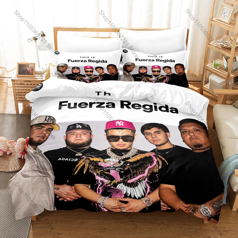 Cool Viral Regional Mexican Band Fuerza Regida Full Printed 3PCS Bedding Duvet Cover + 2 Pillowcases Teen Dorm Home Decoration