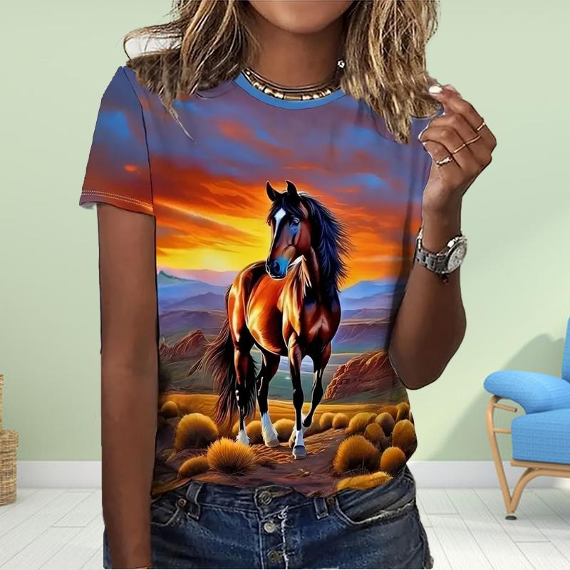 Fashion Women Fine Horse Print T Shirt Funny Casual O-neck Short Sleeves T-shirt Summer Female Tee Shirt
