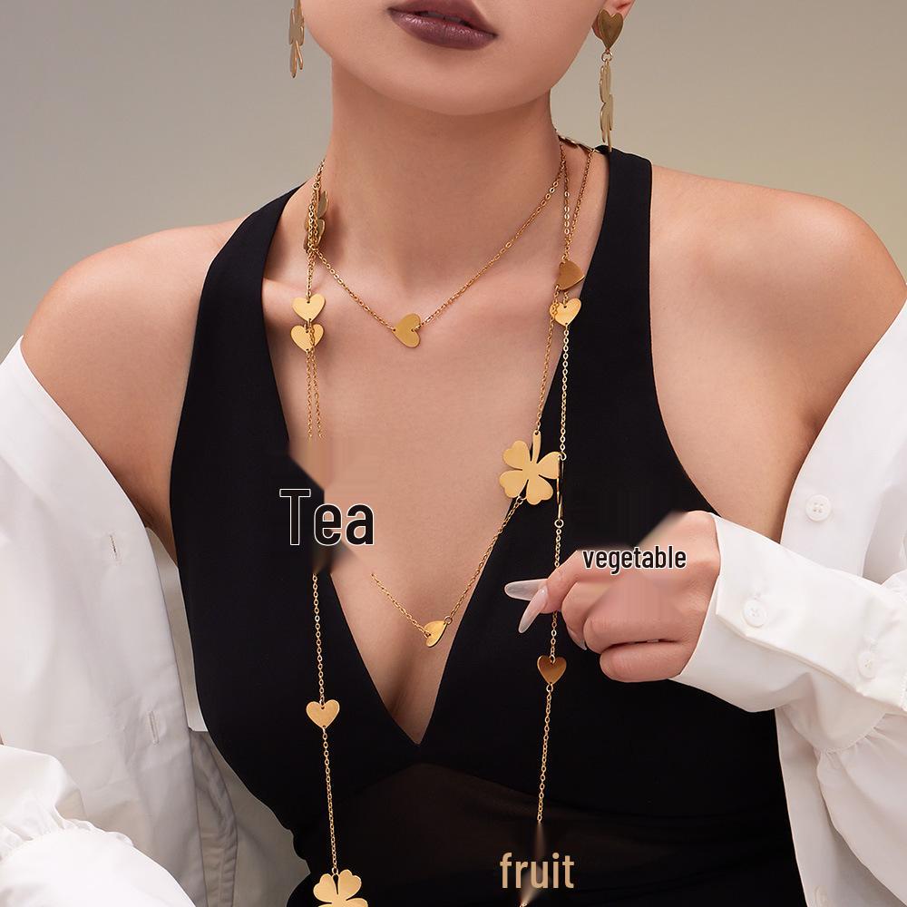 Oumeka 18k Gold-Plated Stainless Steel Jewelry Set: Heart & Four-Leaf Clover Earrings, Ring, and Necklace.