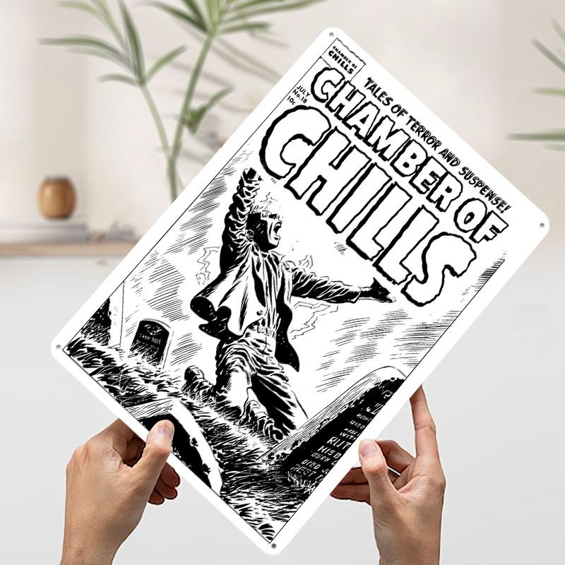 CHAMBER OF CHILLS 18 WHITE Poster Customized Wall Art Vintage Metal Signs Retro Tin Plaque for Man Cave Bathroom Decor Wand Deko 7.9x11.8In(20x30cm)