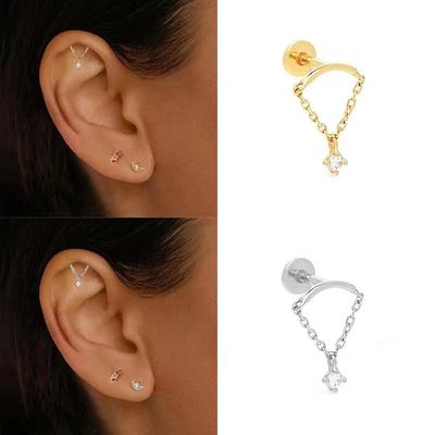 Light Luxury  Chain Piercing Earring For Women Zircon Pendant Tassel Ear Cartilage Piercing Ear Hoop Lobe Jewelry