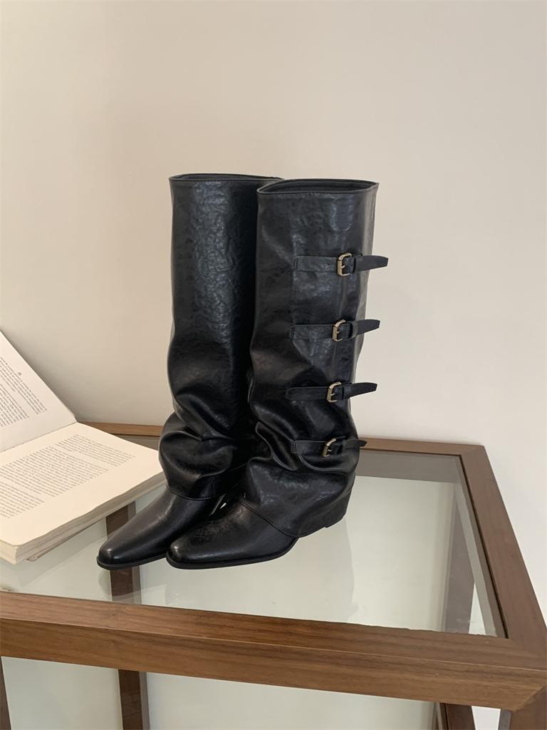 Heel Pants Boots Belt Buckle Boots 2025 Fall/Winter Pointed Western Cowboy Boots Vintage Spice Girl Knight Boots