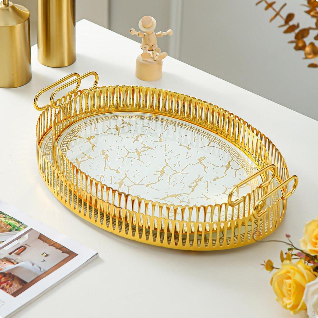 Oval Serving Tray Light Luxury Decorative Metal with Handles Versatile Marble Pattern Platter
