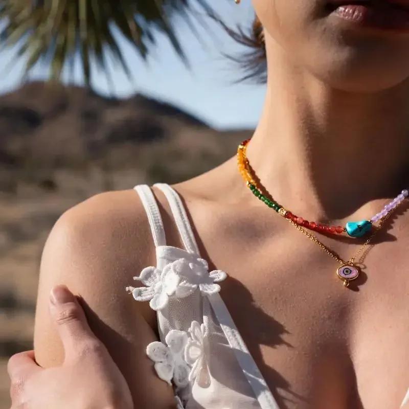 INS Style Colorful Stainless Steel Eyeball Pendant Necklace Fashion Personalized Sweet Pendant Women's Jewelry Accessories