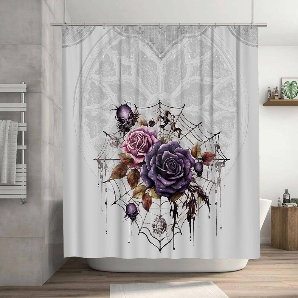 Gothic Halloween Shower Curtain with Spidersweb Design in Purple Rose Color for Bathroom Decoration 3D Printed Polyester Fabric