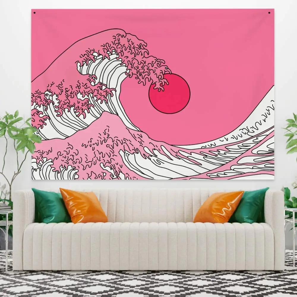 Große Meereswelle Wandteppich Asiatischer Anime Berg Rote Sonne Kirschblüte Wandteppich Zuhause Wohnzimmer Schlafzimmer Wand Moderne Kunst Wandteppiche